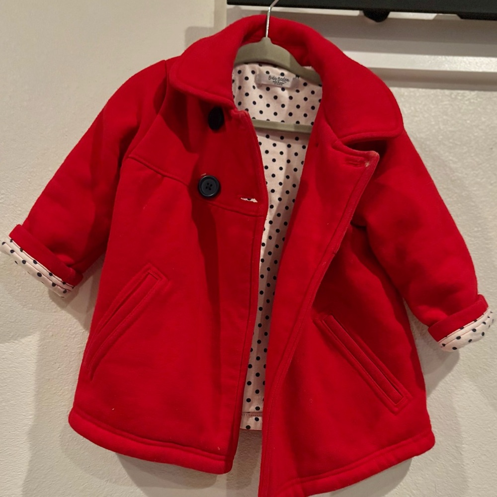 Stylish Baby Boden Red Pea Coat with Polka Dot Lining